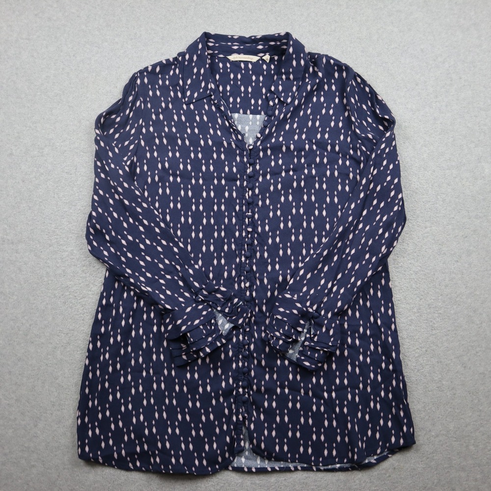 Soft Surroundings Blouse Women L 2AT59 Navy Blue Pink Diamond Ruffle Cuff Rayon